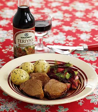 Glazed pork with beetroot salsa