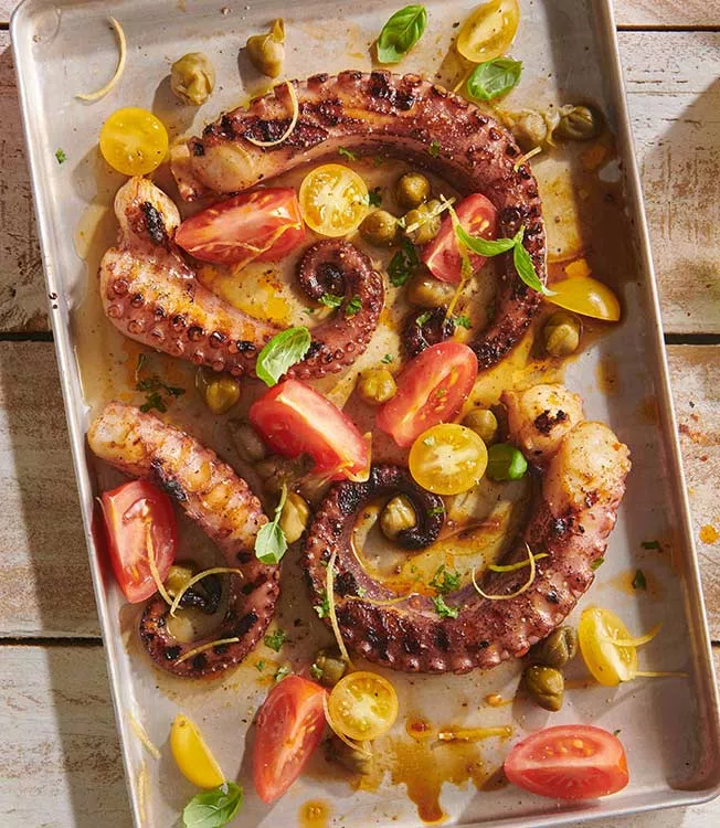 Grilled octopus with ponzu sauce and capers