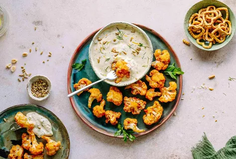 Ranch mayo dip with baked kimchi cauliflower bites