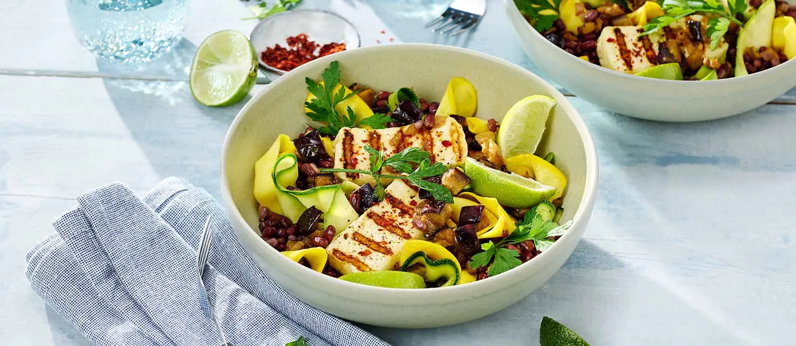 Warm courgette, adzuki bean & aubergine salad