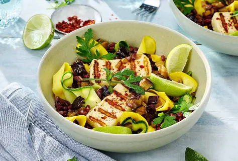 Warm courgette, adzuki bean & aubergine salad