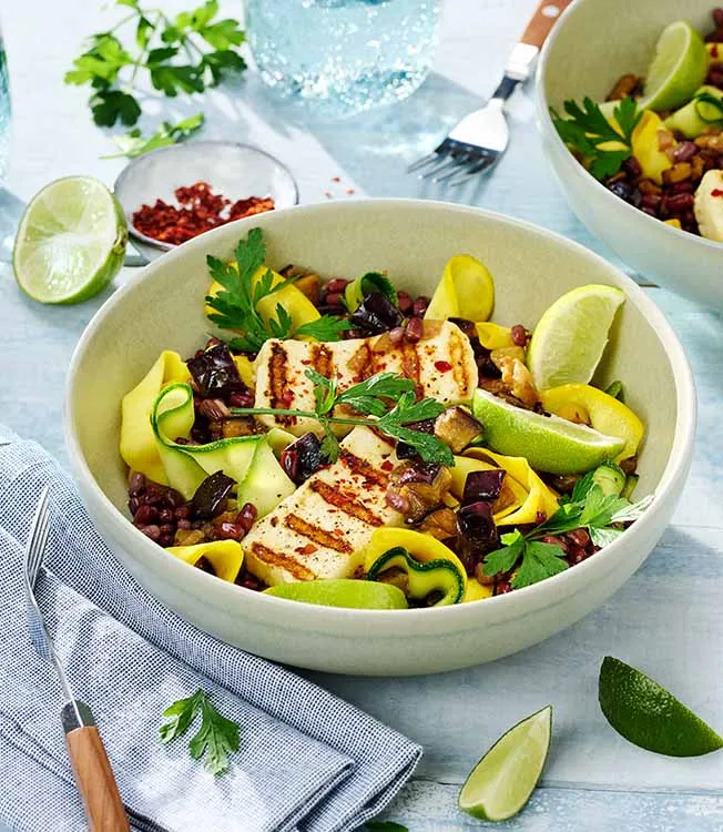 Warm courgette, adzuki bean & aubergine salad