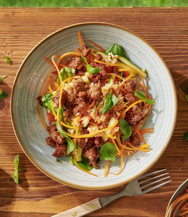 Jasmine rice salad with spicy lamb and Thai basil