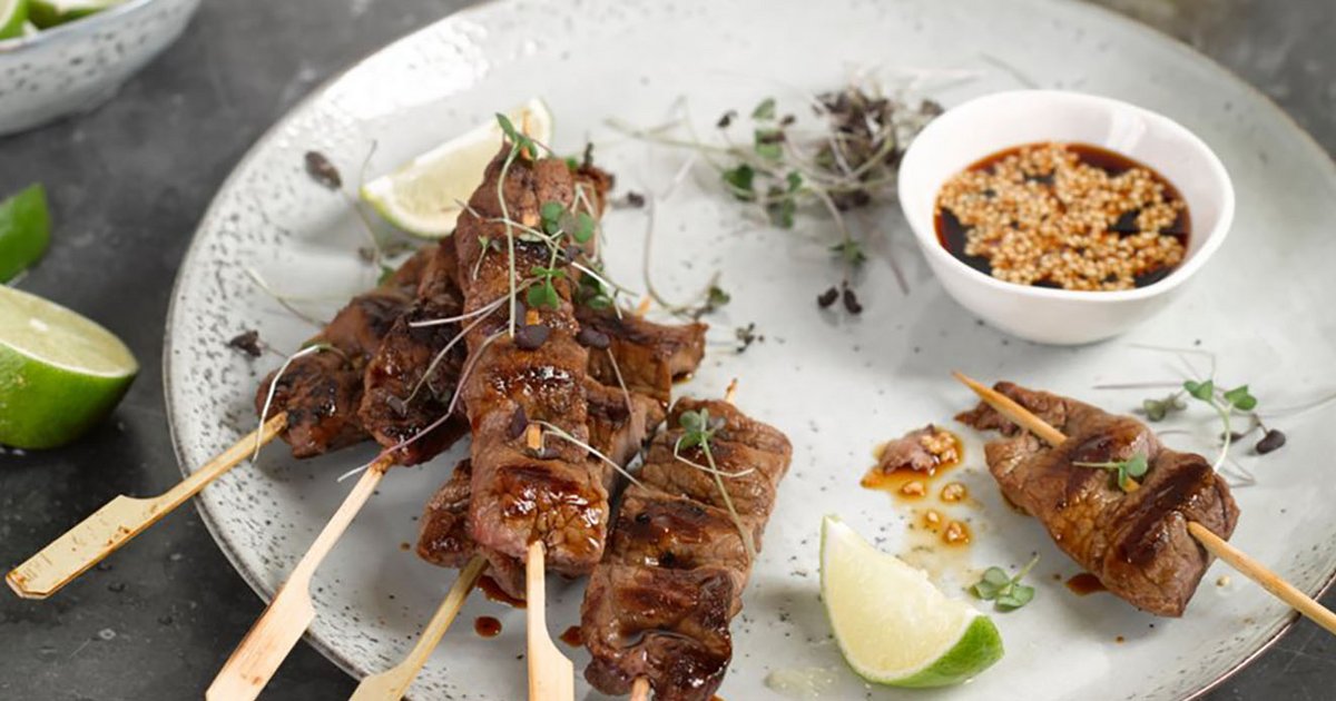 Soy Steak Ribbon Skewers with Japanese Sesame Dipping Sauce Recipe | Kikkoman