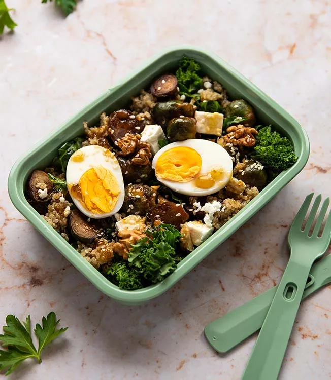 Quinoa salad with caramelised sprouts