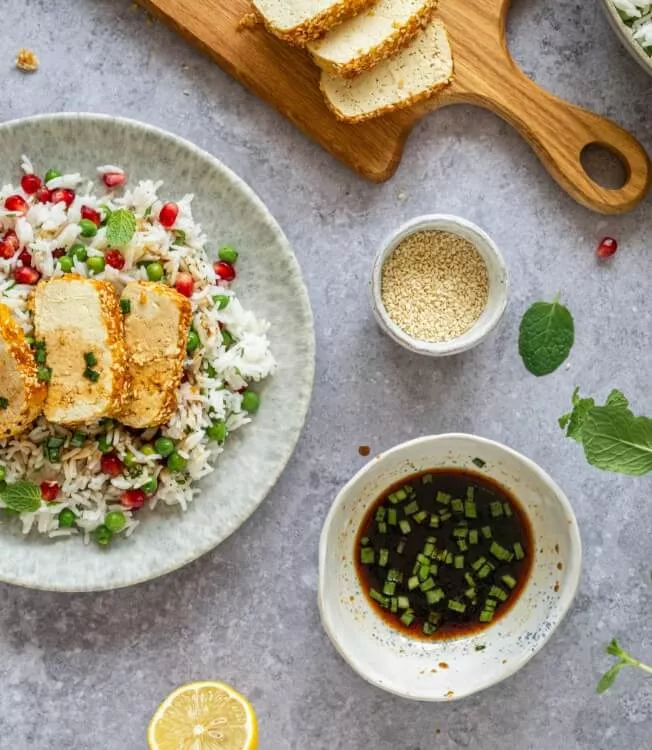 Sesame tofu katsu with rice and green peas