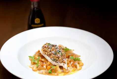 Crusted Chicken Breast with Soy Marinated Onions and Girolles