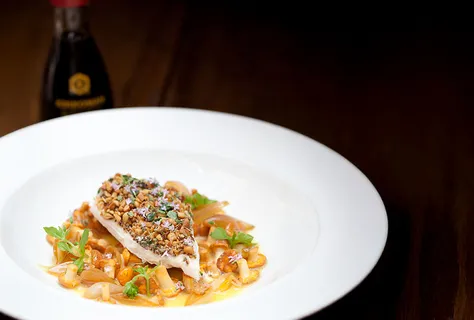 Crusted Chicken Breast with Soy Marinated Onions and Girolles
