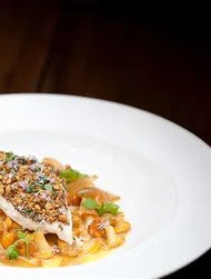 Crusted Chicken Breast with Soy Marinated Onions and Girolles