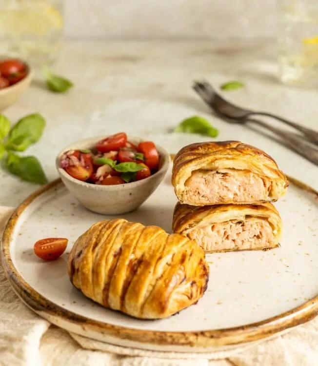 Fish wellington with cherry tomato salad