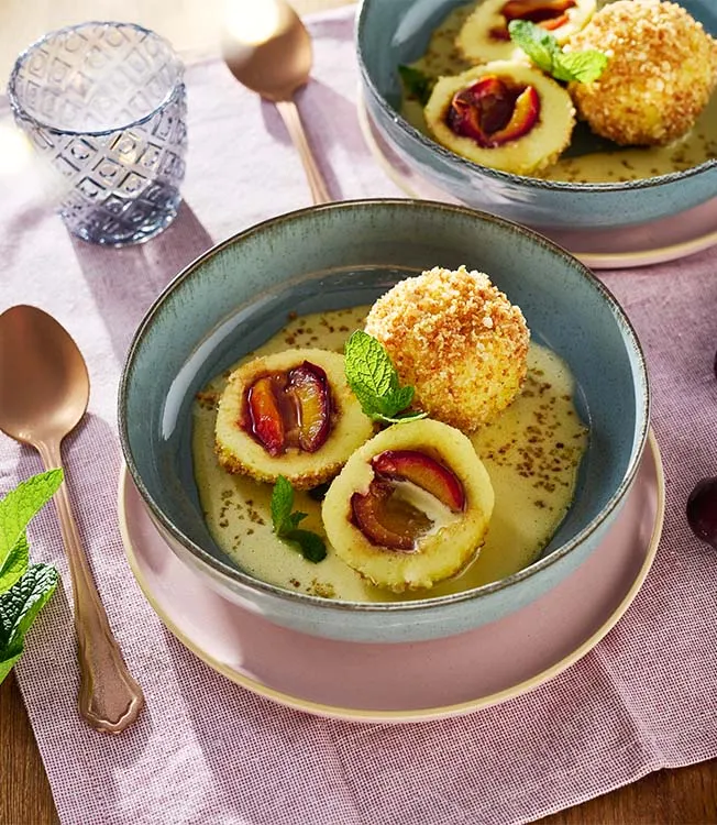 Bohemian dumplings with plums & panko