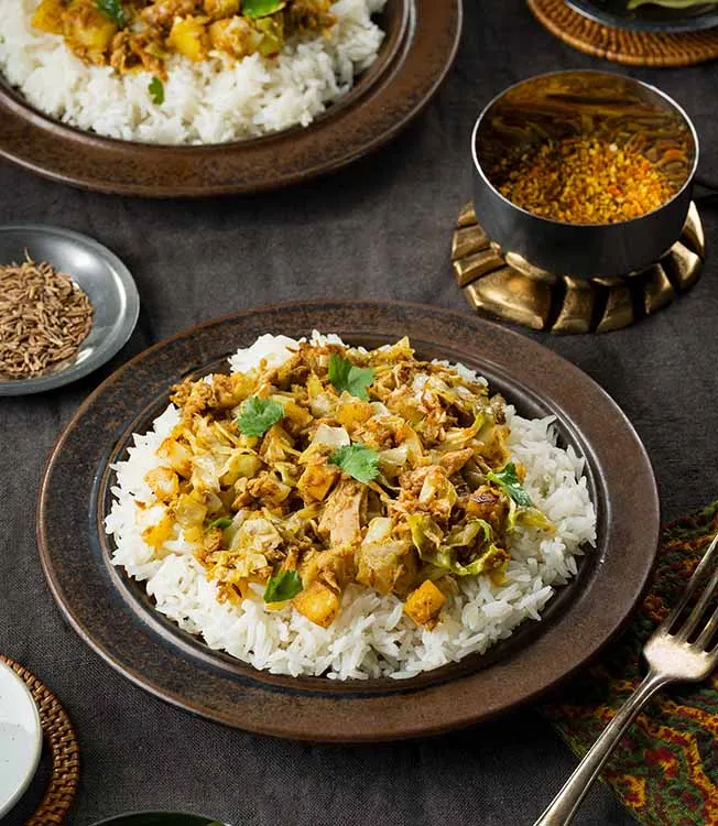 Stir-fried cabbage & tuna with garam masala