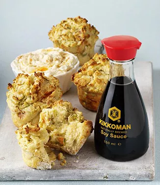 Hot smoked salmon, courgette and soy sauce muffins