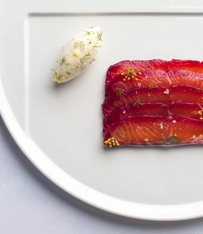 Soy and beetroot marinated salmon with fennel pollen cream