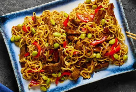 Teriyaki Egg Noodles with Steak and Edamame Beans