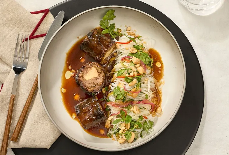 Asian beef roulade with pak choi noodles