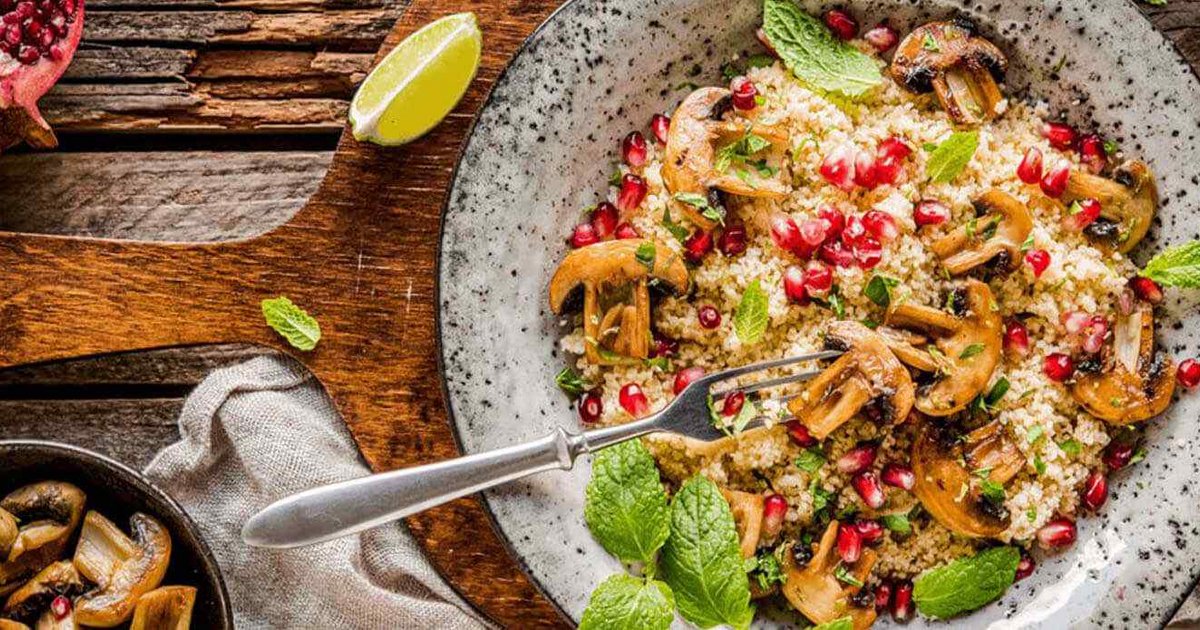 Warm couscous with citrus mushrooms and pomegranate | Kikkoman