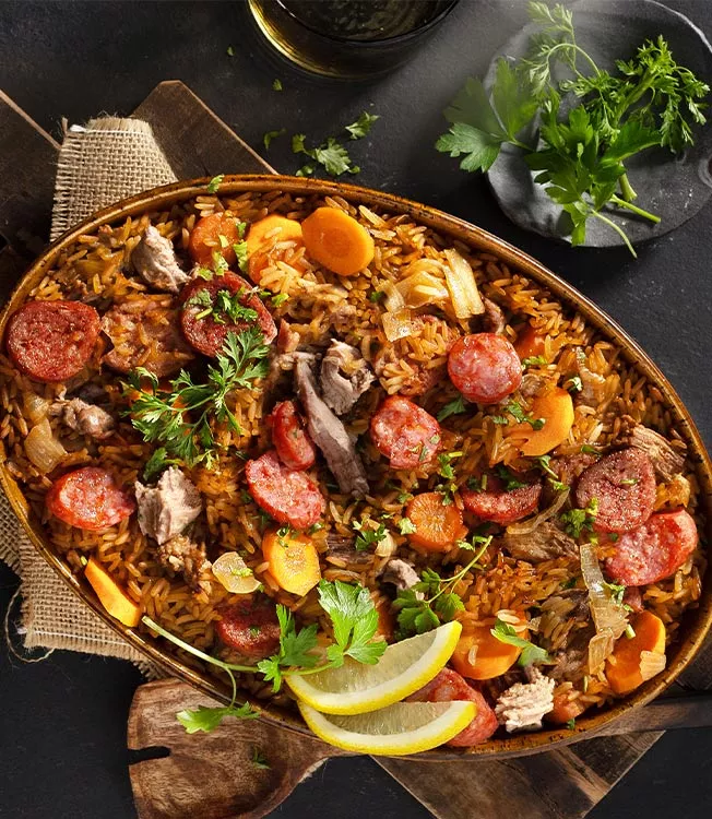 Exquisite duck and rice pot with chorizo