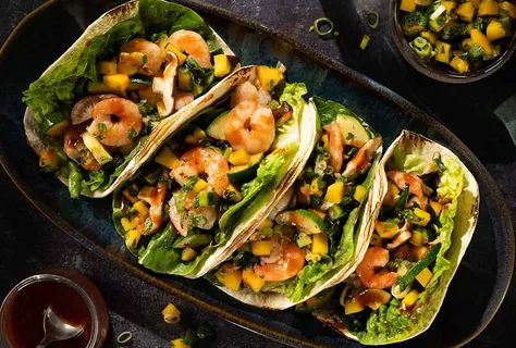 Teriyaki prawns tacos with mango salsa