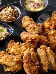 Crispy chicken with wasabi, mushroom & peanut dips