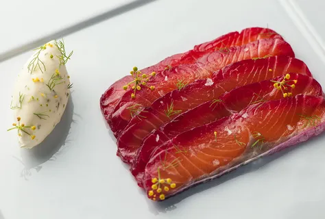 Soy and beetroot marinated salmon with fennel pollen cream