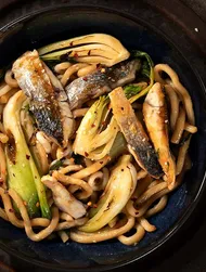 Wok-fried sea bass with udon noodles