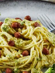Broccoli Pesto Spaghetti with Honey Glazed Chickpeas