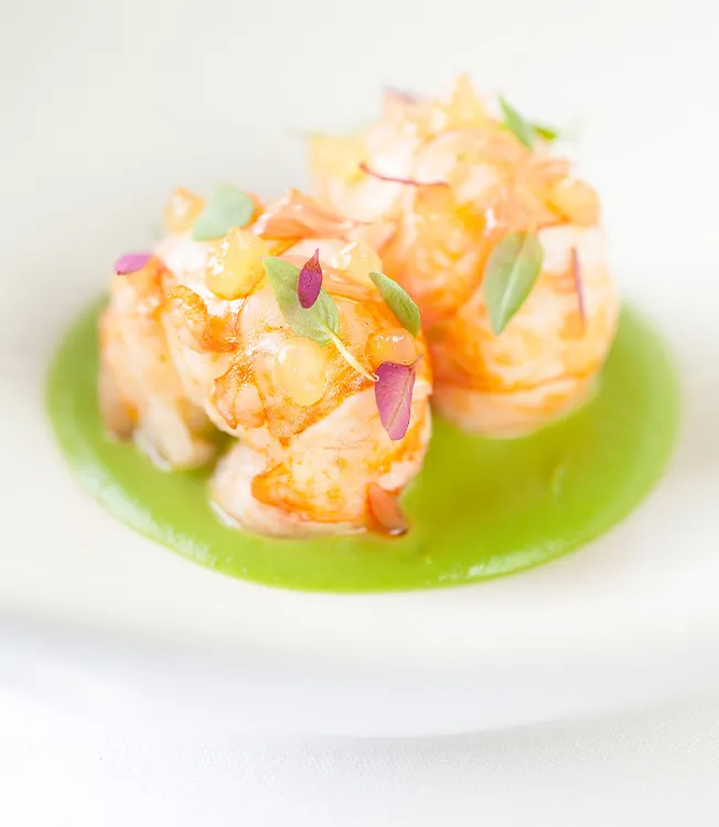 Roasted Langoustine with asparagus and coconut puree