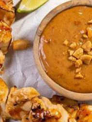 BBQ chicken teriyaki skewers with peanut dip recipe