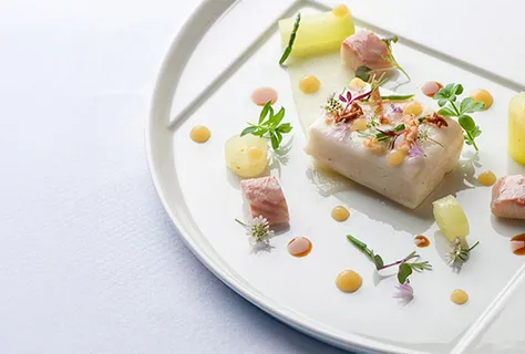 Soy and butter poached halibut, pickled apple, smoked eel