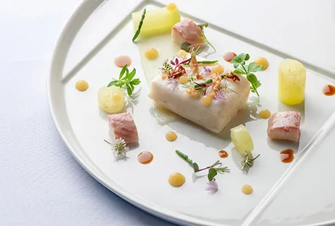 Soy and butter poached halibut, pickled apple, smoked eel