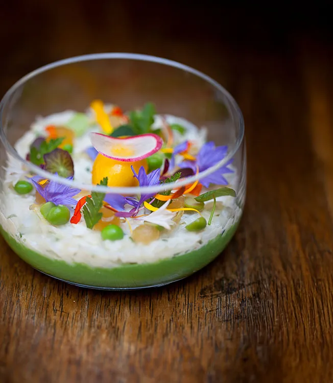 Crab and sweet pea pannacotta, soy & mango dashi sorbet