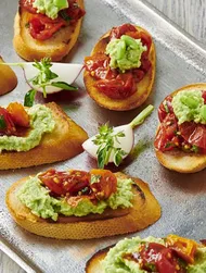 Bruschetta with edamame and semi-dried tomatoes