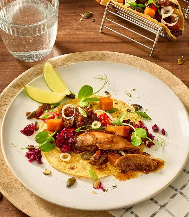 Goose tacos with salsa and caramelised squash