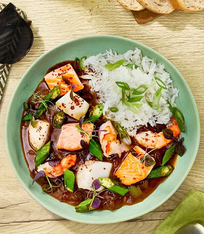 Teriyaki seafood gumbo with okra and rice