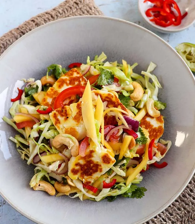 Shredded Mango Cabbage and Halloumi Salad