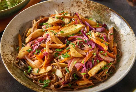 Yakisoba noodles with parsnip and pear salad