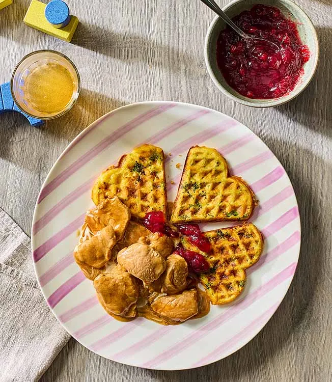 Sliced pork with sweet potato waffles