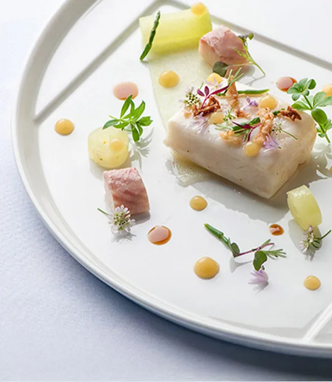 Soy and butter poached halibut, pickled apple, smoked eel