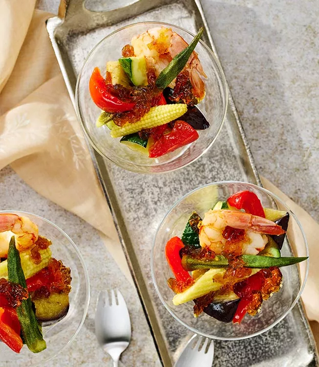 Grilled prawns and seasonal vegetables with ponzu yuzu jelly