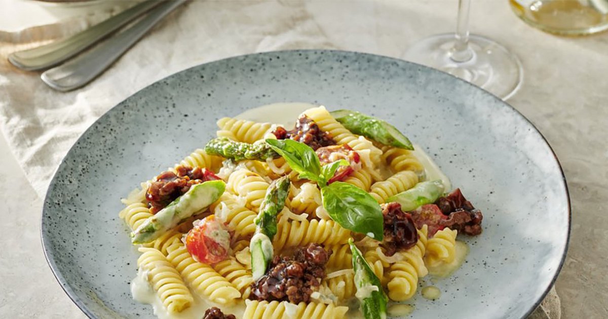 Fusilli with cheese sauce and soy sauce bolognese Kikkoman