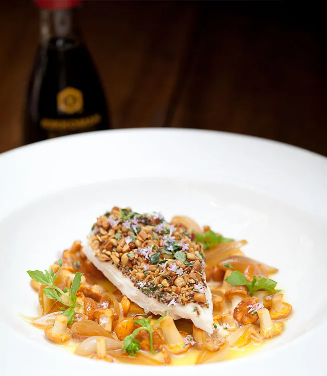 Crusted Chicken Breast with Soy Marinated Onions and Girolles