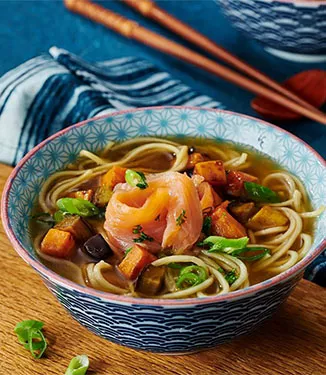 Smoked salmon ramen with sweet potato and aubergine