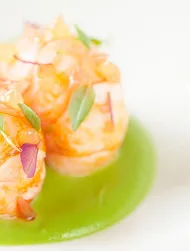 Roasted Langoustine with asparagus and coconut puree