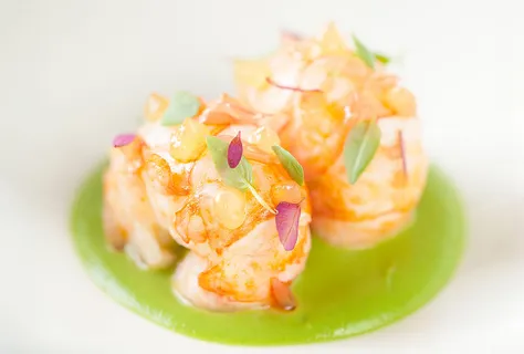 Roasted Langoustine with asparagus and coconut puree