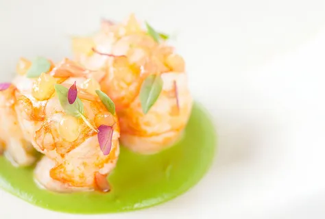 Roasted Langoustine with asparagus and coconut puree