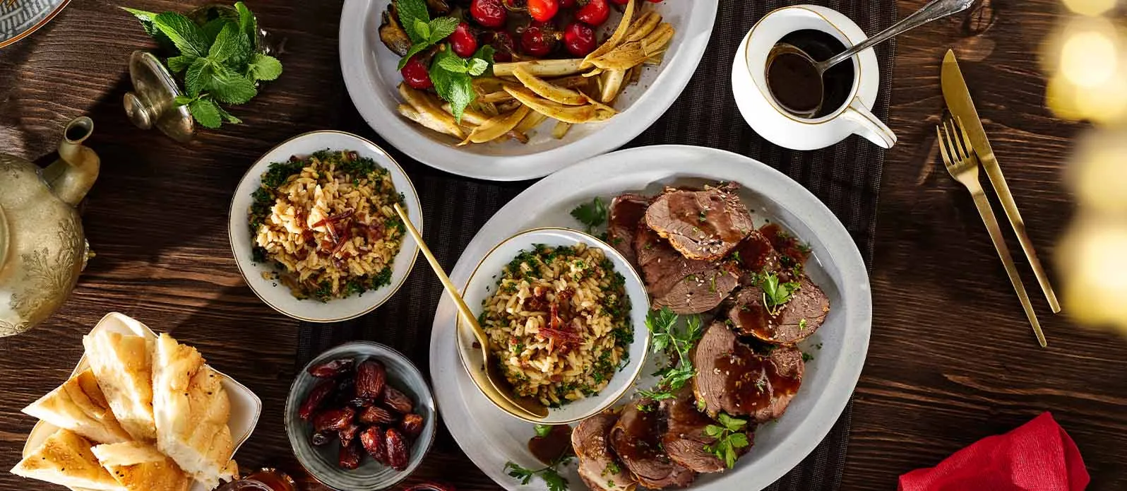 Slow-roasted lamb leg with orzo pilaf