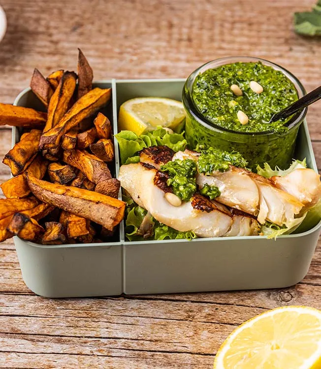 Grilled cod with sweet potato fries