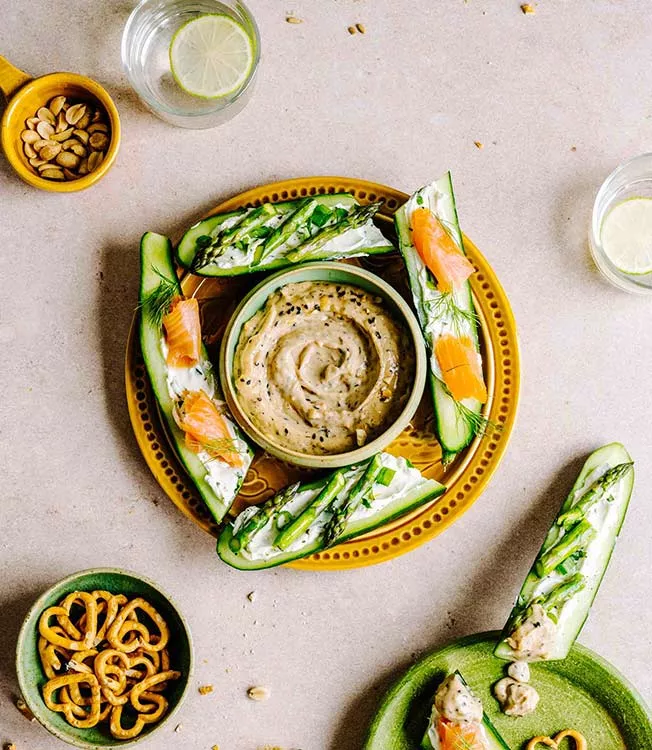 Tahini-mayo dip with smoked salmon cucumber boats