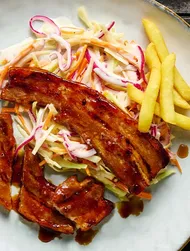 Pork Belly with BBQ Teriyaki Sauce with Coleslaw & Fries